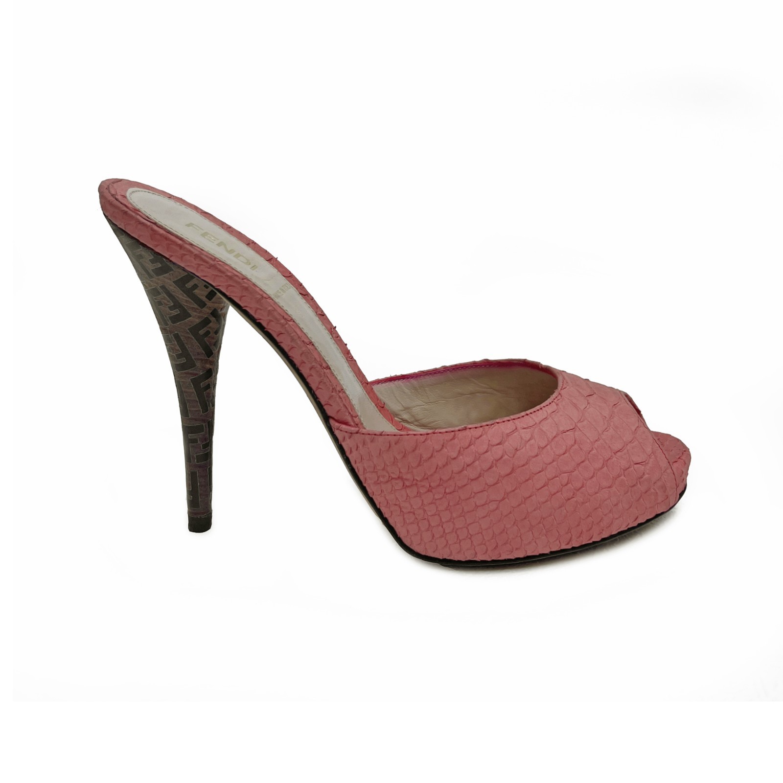 Fendi Zucca Print Heel Coral Pink Snakeskin Peep Toe Mules US: 8,5 / EUR: 38,5