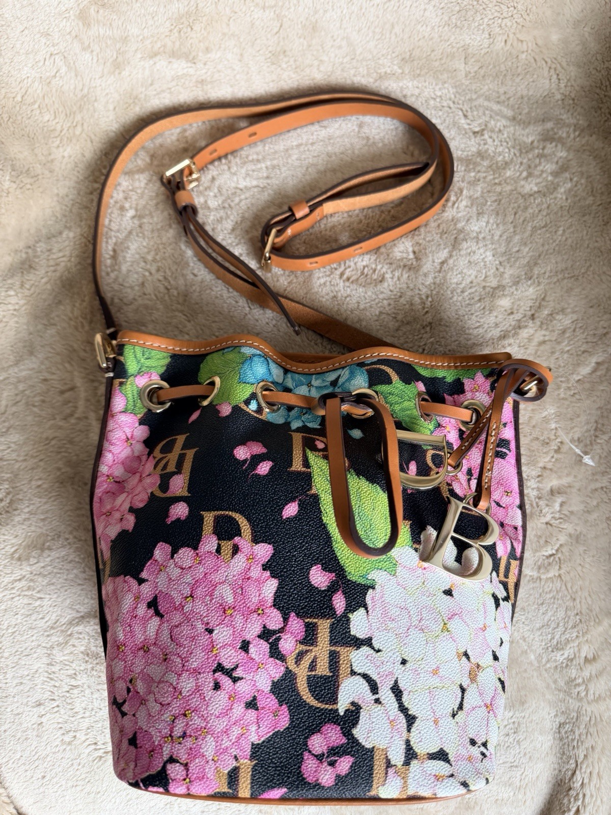 Dooney & Bourke Floral Drawstring Bucket Crossbody Bag Small Gold Hardware