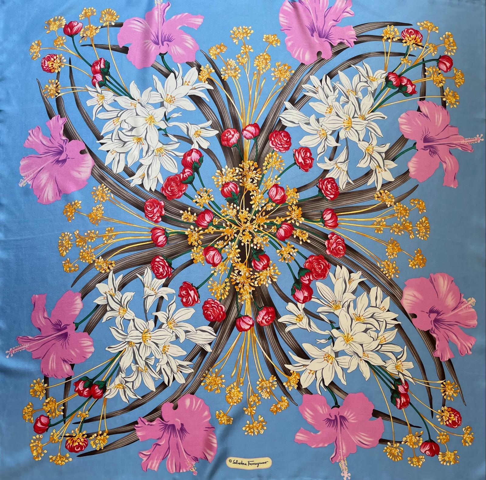 New Salvatore Ferragamo Scarf Bandana Floral Garden Blue Pink Silk Head Wrap