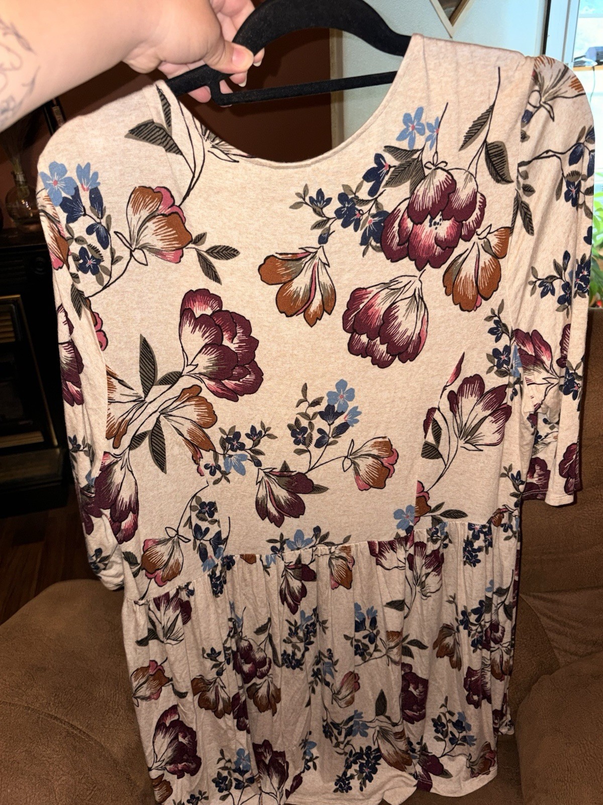 Terra & Sky 1X Plus Floral Tunic Top 3/4 Sleeve Beige Multicolor Rayon