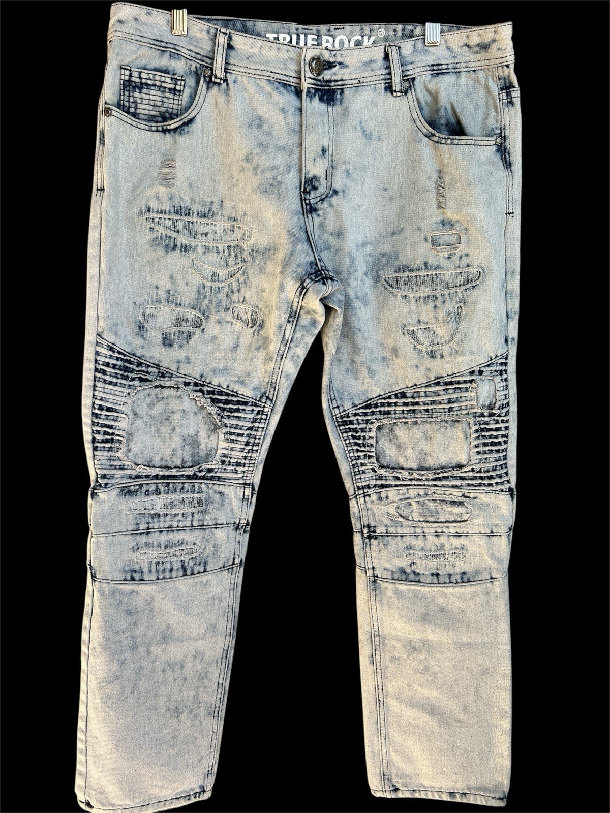 True Rock Jeans Mens 36×31 Blue Distressed Patched Acid Wash Straight Moto