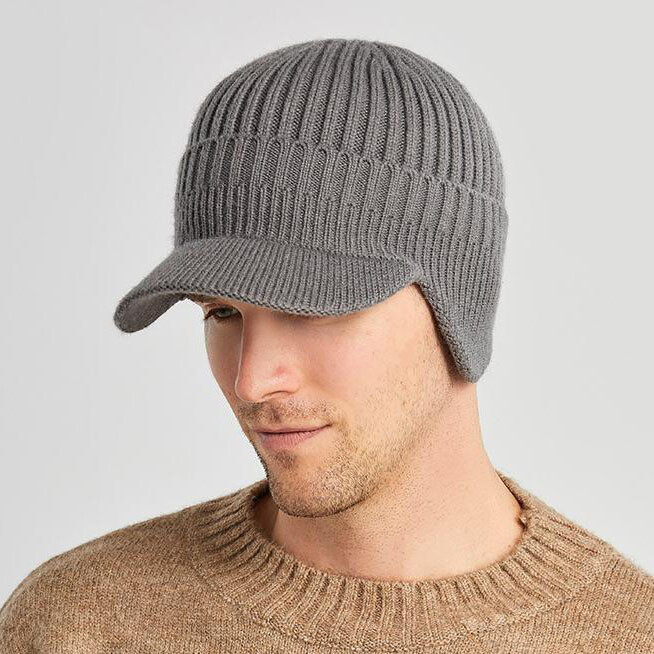 Men Women Knit Hat Winter Warm Stretch Beanie Ear Flaps Cap Outdoor Brim Ski Hat