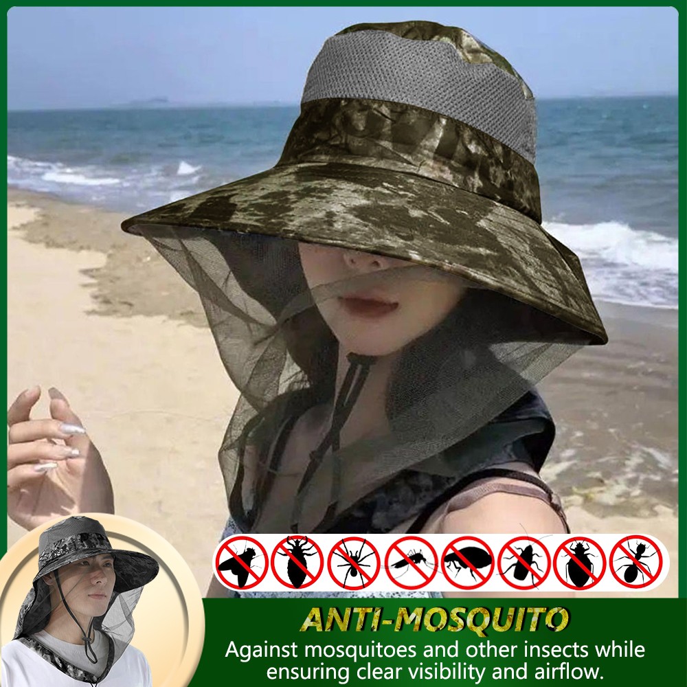 Mosquito Head Net Hat with Neck Flap Wide Brim Sun Protection Cap Hiking Fishing