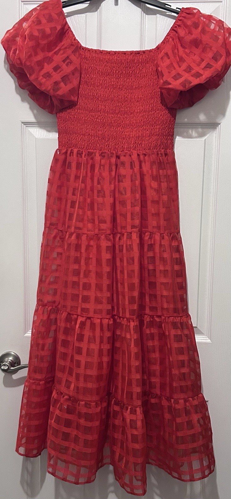 Prettygarden Red Check Smocked Tiered Midi Dress Square Neck Puff Sleeve S