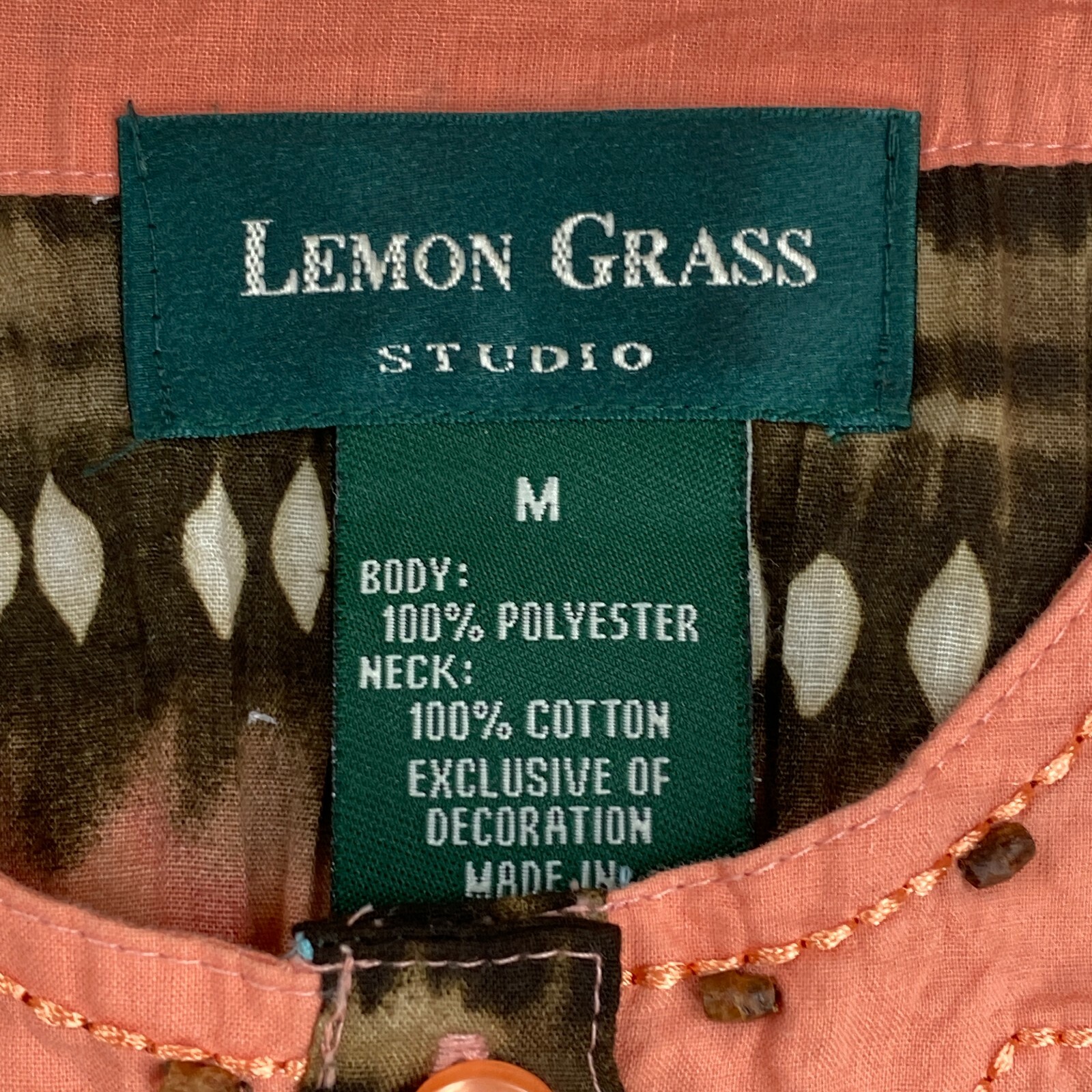 Lemon Grass Womens Blouse Sz M Peach Brown Button Up Beaded Neck 3/4 Sleeve Boho