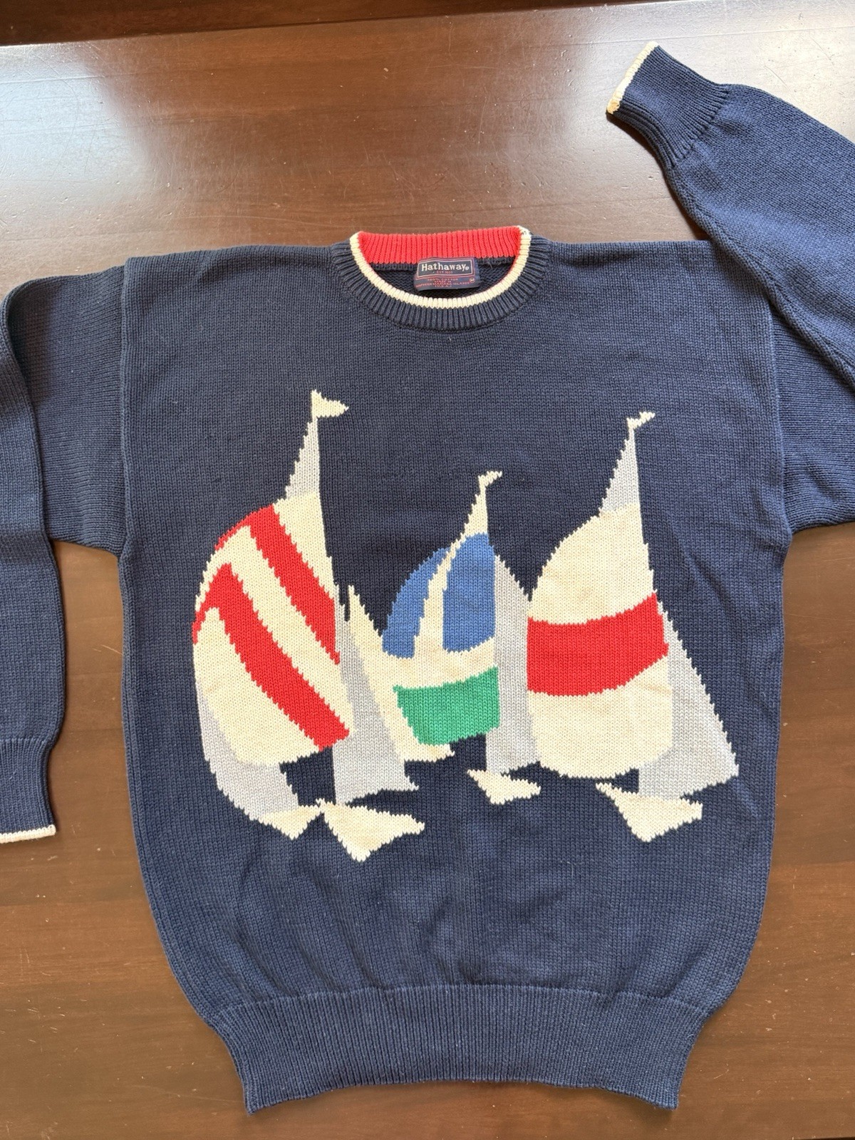 Hathaway Men’s M Navy Cotton Knit Crewneck Pullover Nautical Sailboat Sweater