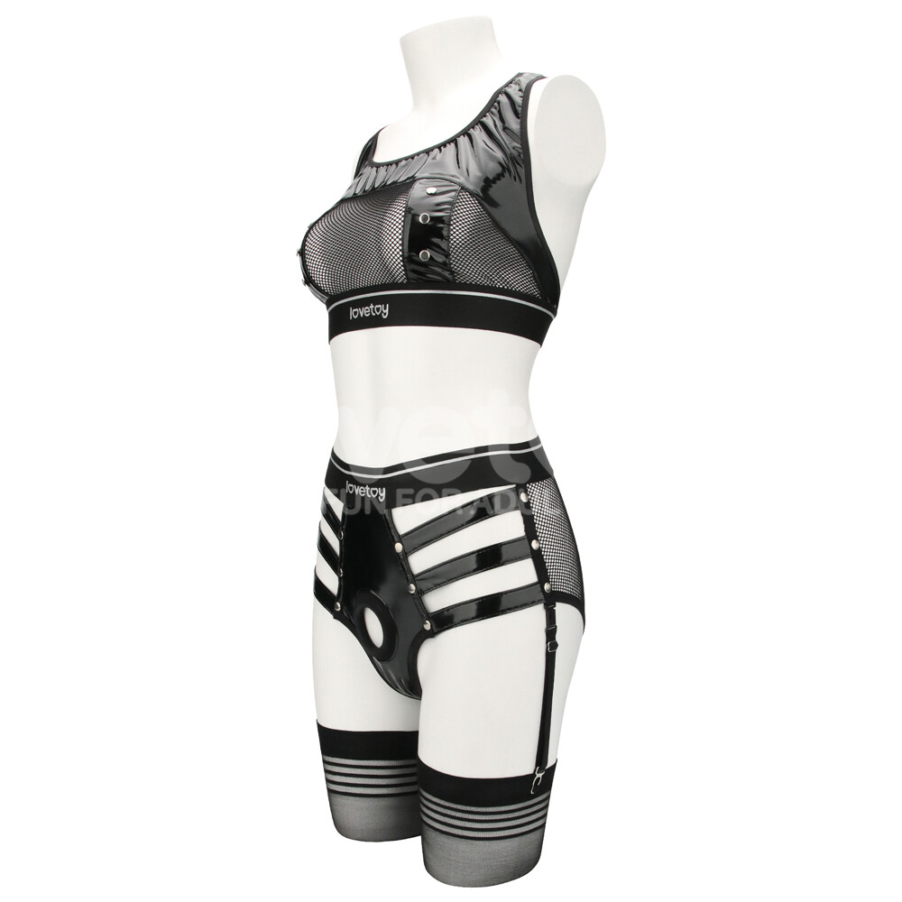 Reign Leather & Mesh Harness Set Body Bra & Panty Garter Belt Harness Lingerie