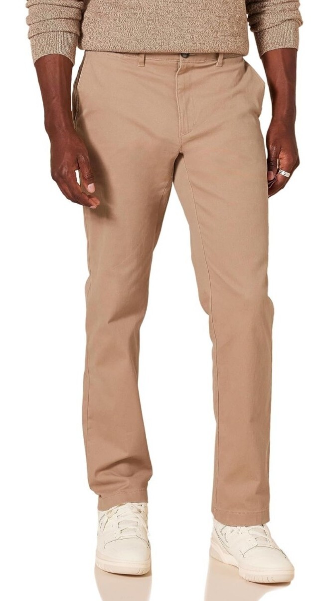Mens Slim Fit Casual Stretch Chino Pants Dark Khaki Brown 30Wx29L