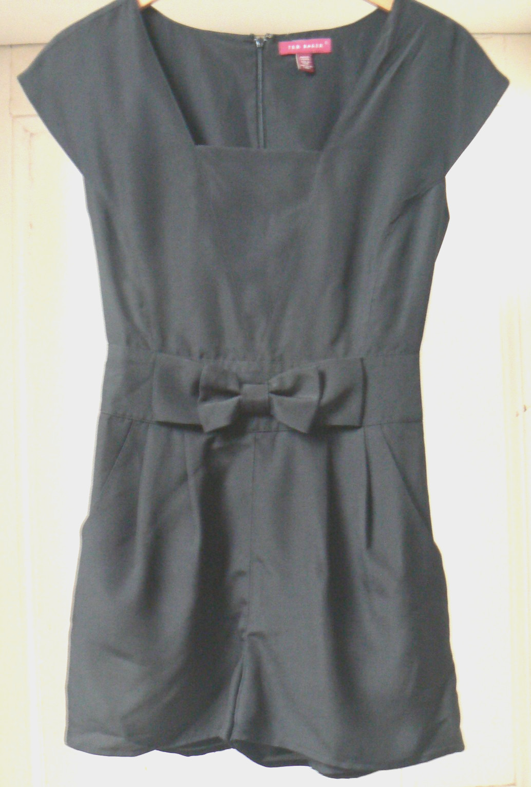 Ted Baker Size 0 Playsuit Black With Bow, Pockets, Faux Silk