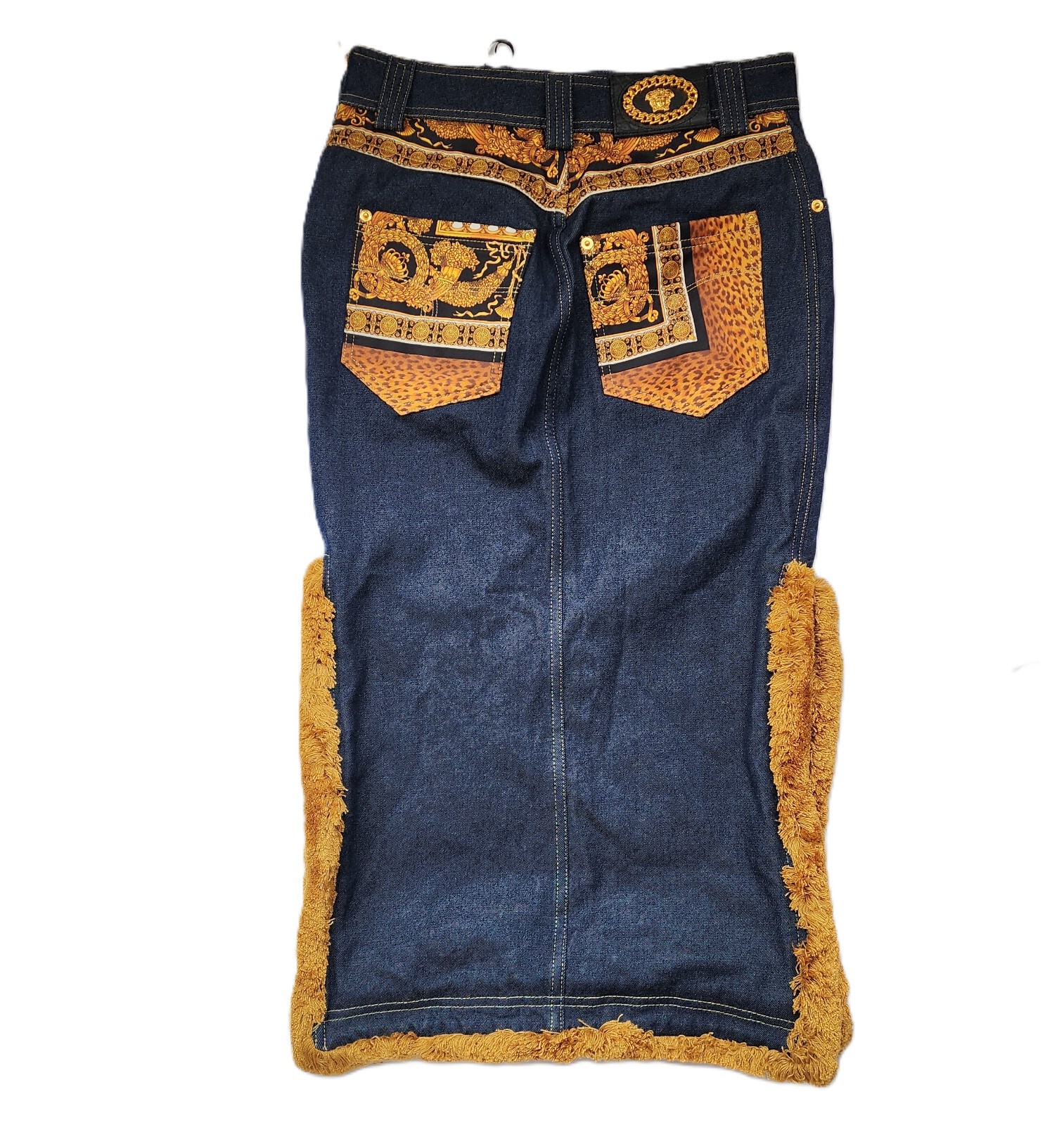 $2995 Designer VERSACE Women’s Indigo Gold Stitching Medusa Long Denim Skirt 40