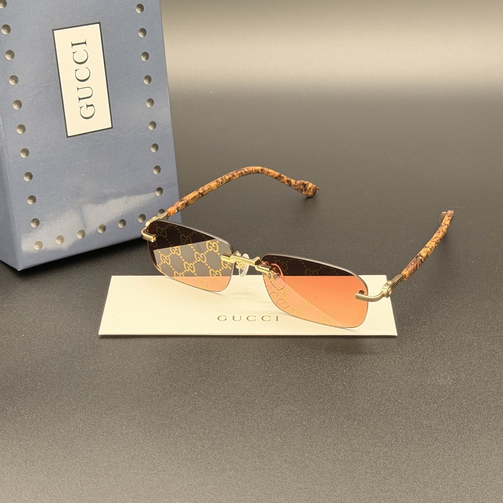 Gucci GG1221S 004 Rimless Sunglasses Brown Marble Gold Mirror Lens Ships Today
