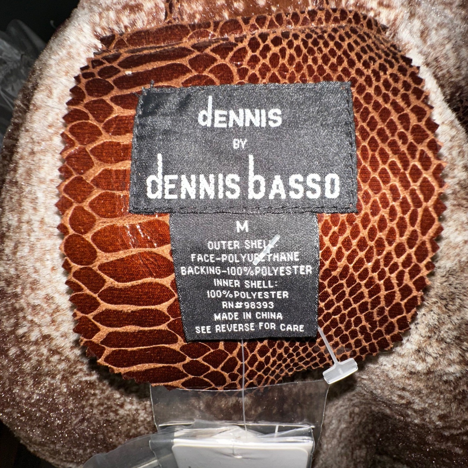 New Dennis Basso Snakeskin Faux Fur Trim Coat Brown Shiny Unique Outerwear M