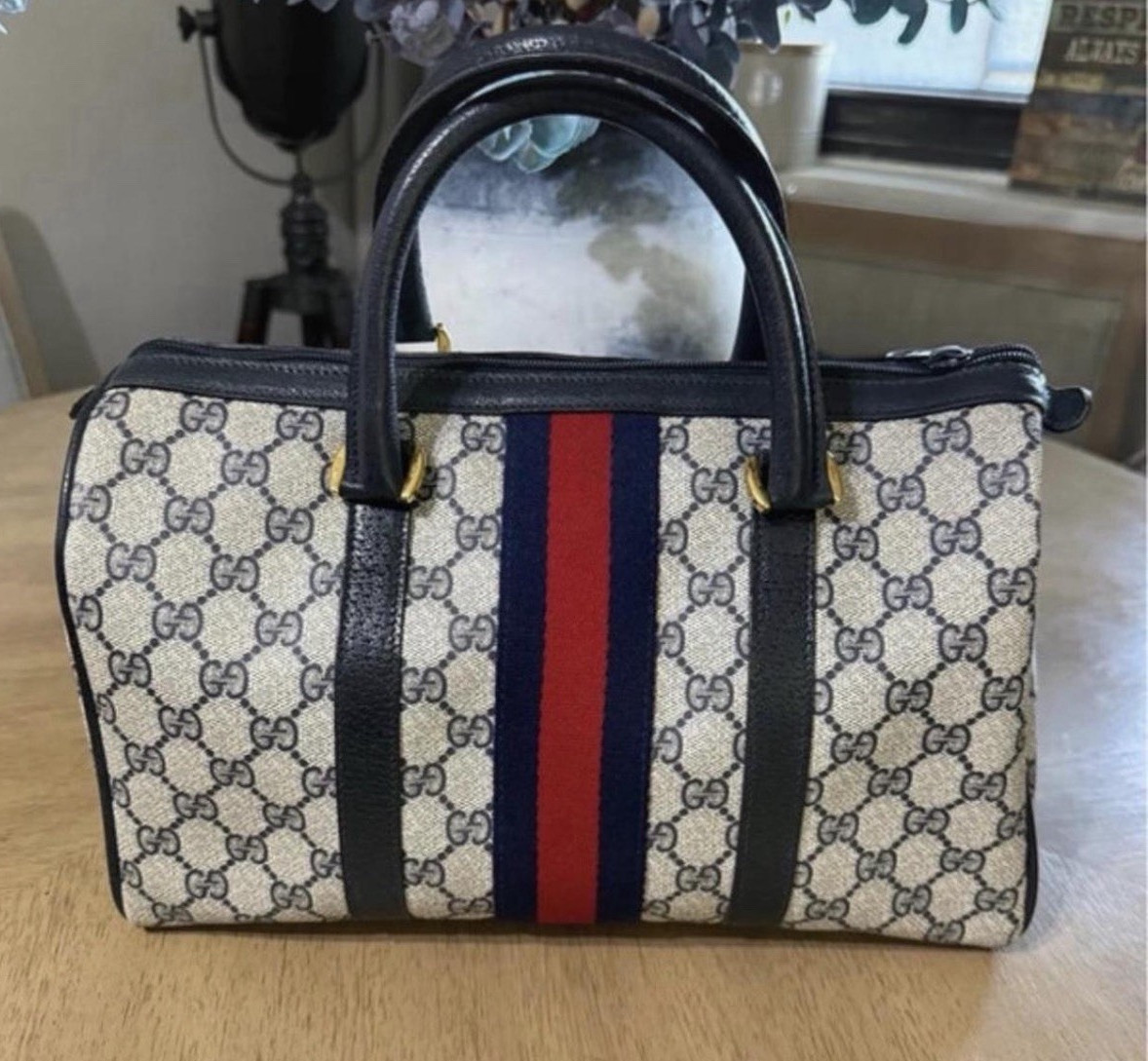 Gucci GG Monogram Web Stripe Top Handle Satchel Handbag Beige/Navy/Red DM FIRST