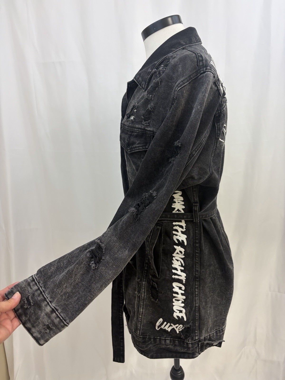 American Bazi Black Distressed Denim Jacket Dress Size M Belted Good Times