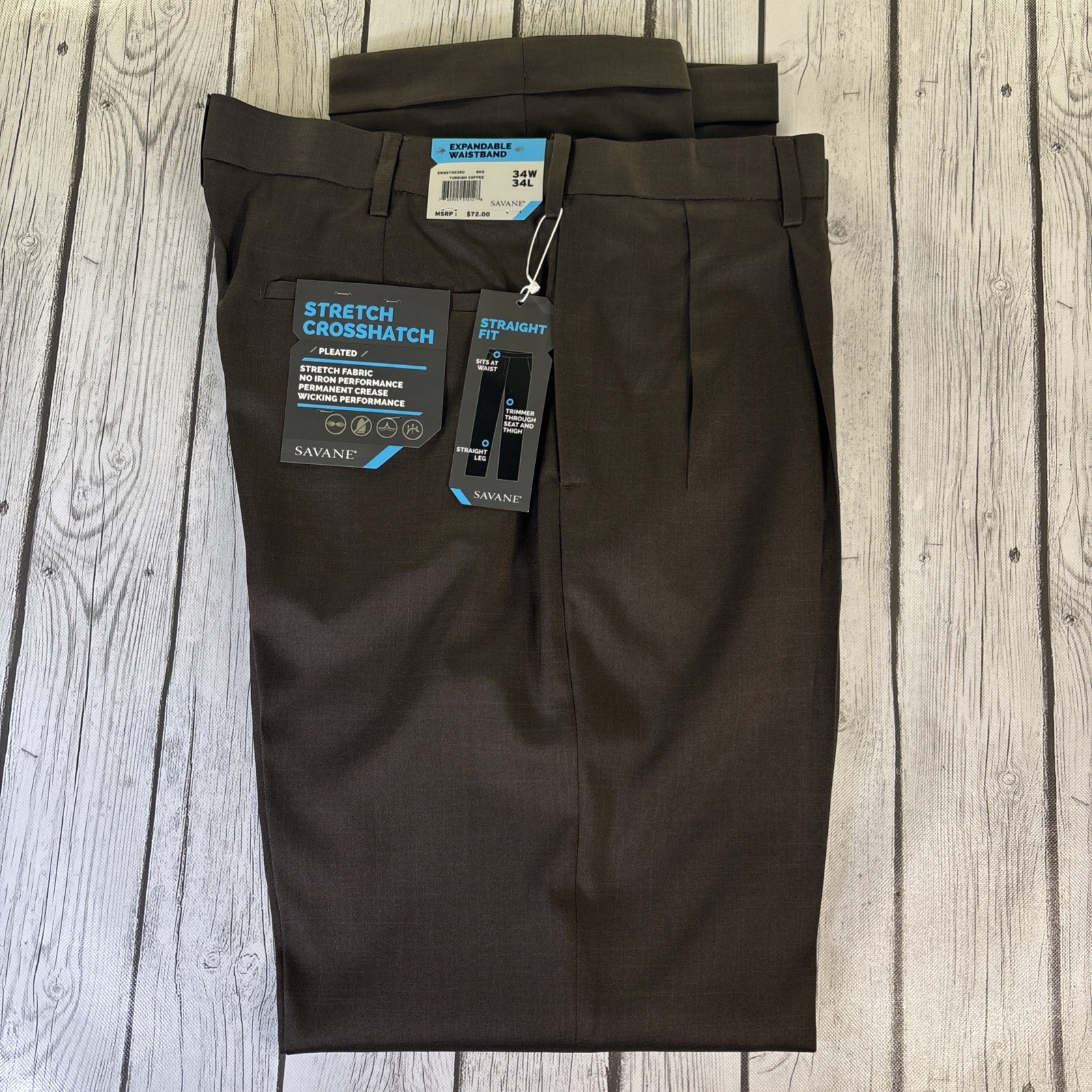 Savane Men’s 34×34 Stretch Crosshatch Pleated Cuffed Dress Pants Brown NWT.