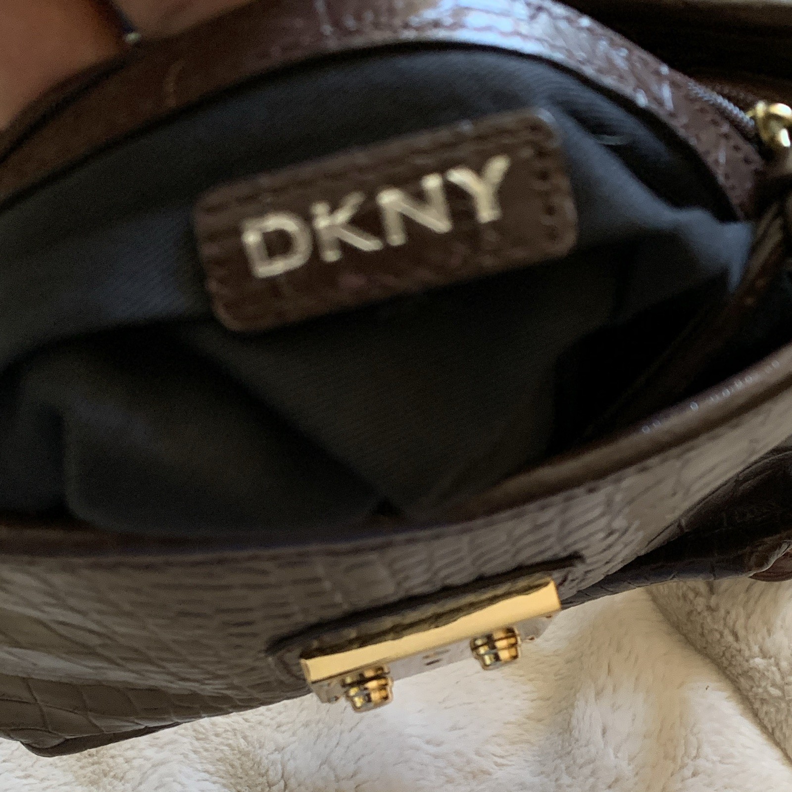 DKNY Women’s Brown Crocodile Embossed Crossbody Push Lock Gold Hardware