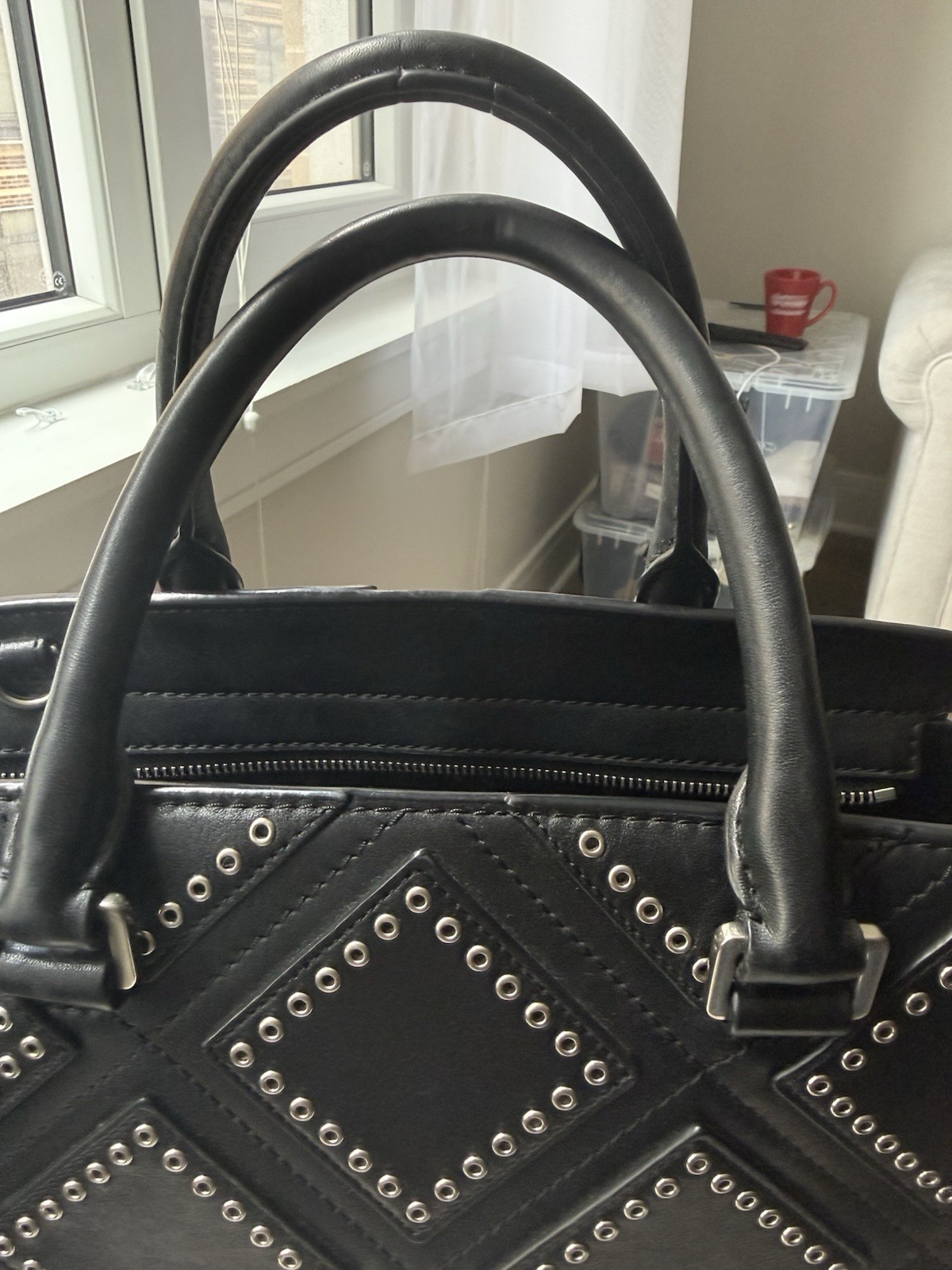 Michael Kors Selma Large Black Leather Grommet Studded Satchel Handbag Silver