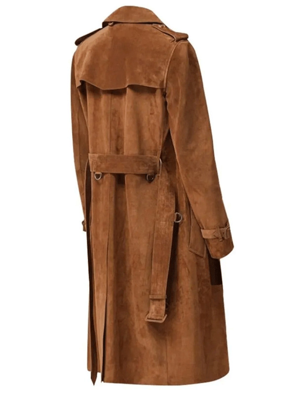 Handmade Classic Wear Italian Womens Brown Pure Suede Leather Trench Coat