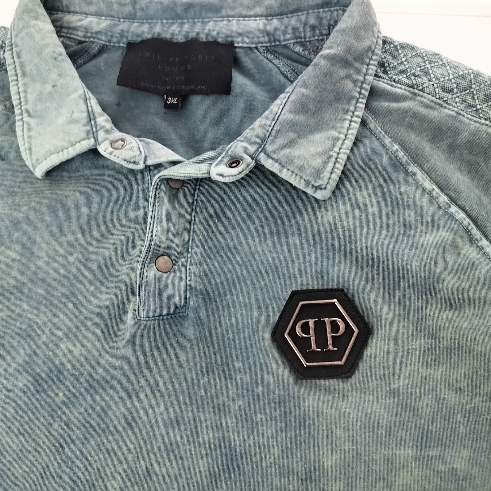 Philipp Plein Homme Mens 3XL Ombre Acid Wash Polo Shirt Teal Green Quilted Logo