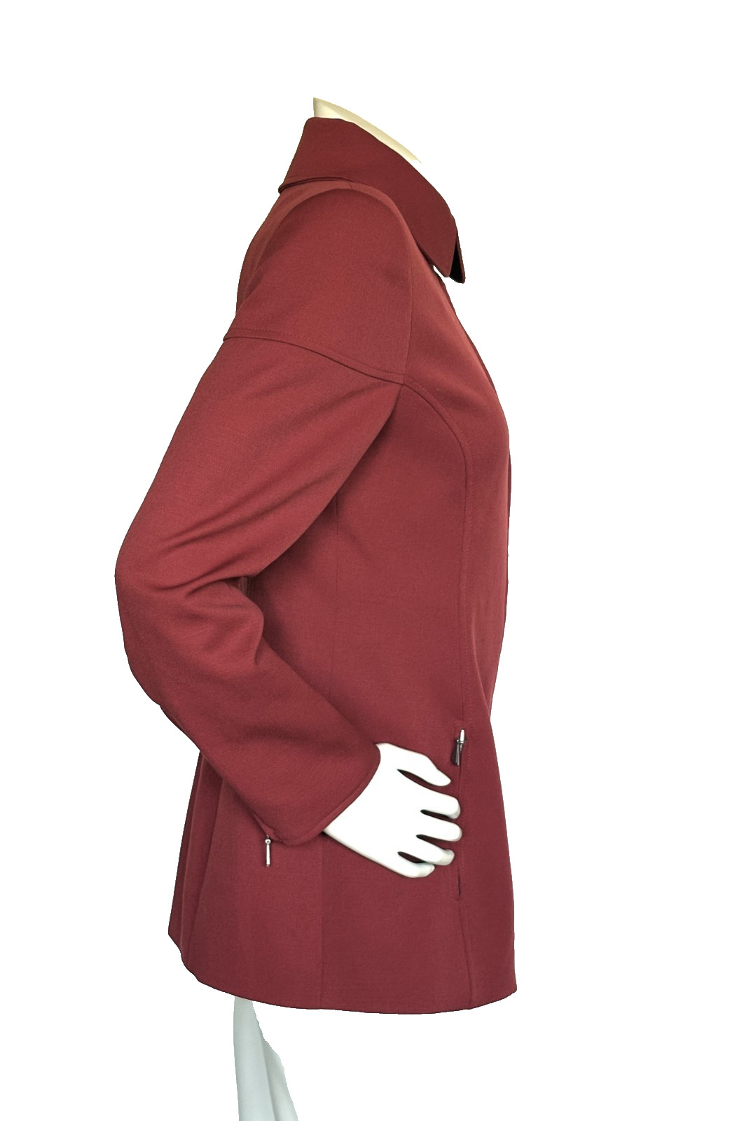 VINTAGE CLAUDE MONTANA CORAL RED VIRGIN WOOL ZIP UP JACKET SIZE: M