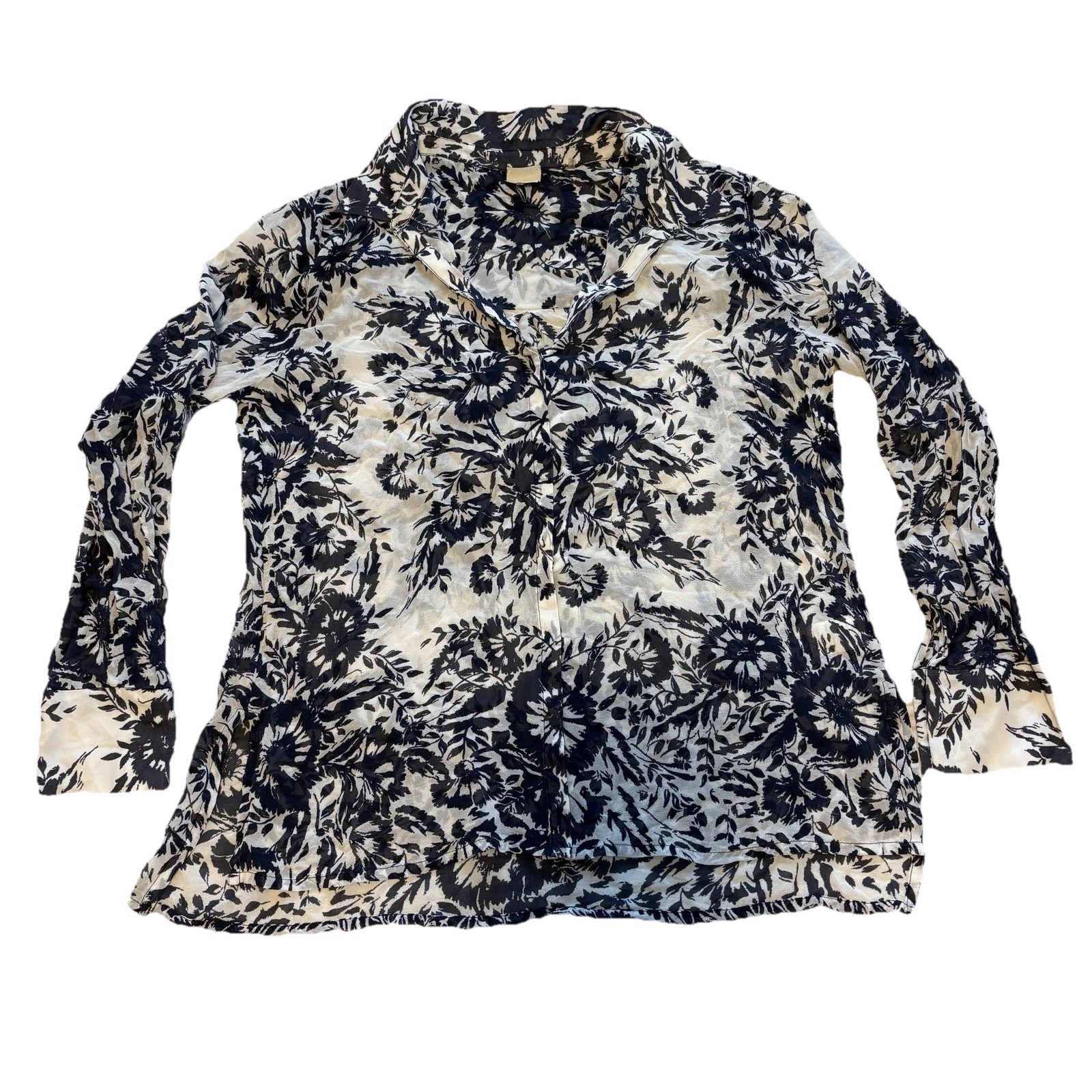 Ecru 100% Silk V-Neck Blouse Womens Sz Medium Blue Floral Sheet Lightweight