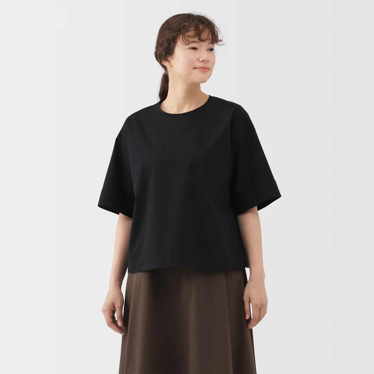 MUJI Womens Quick Dry Broadcloth Half Sleeve Blouse Black FedEx