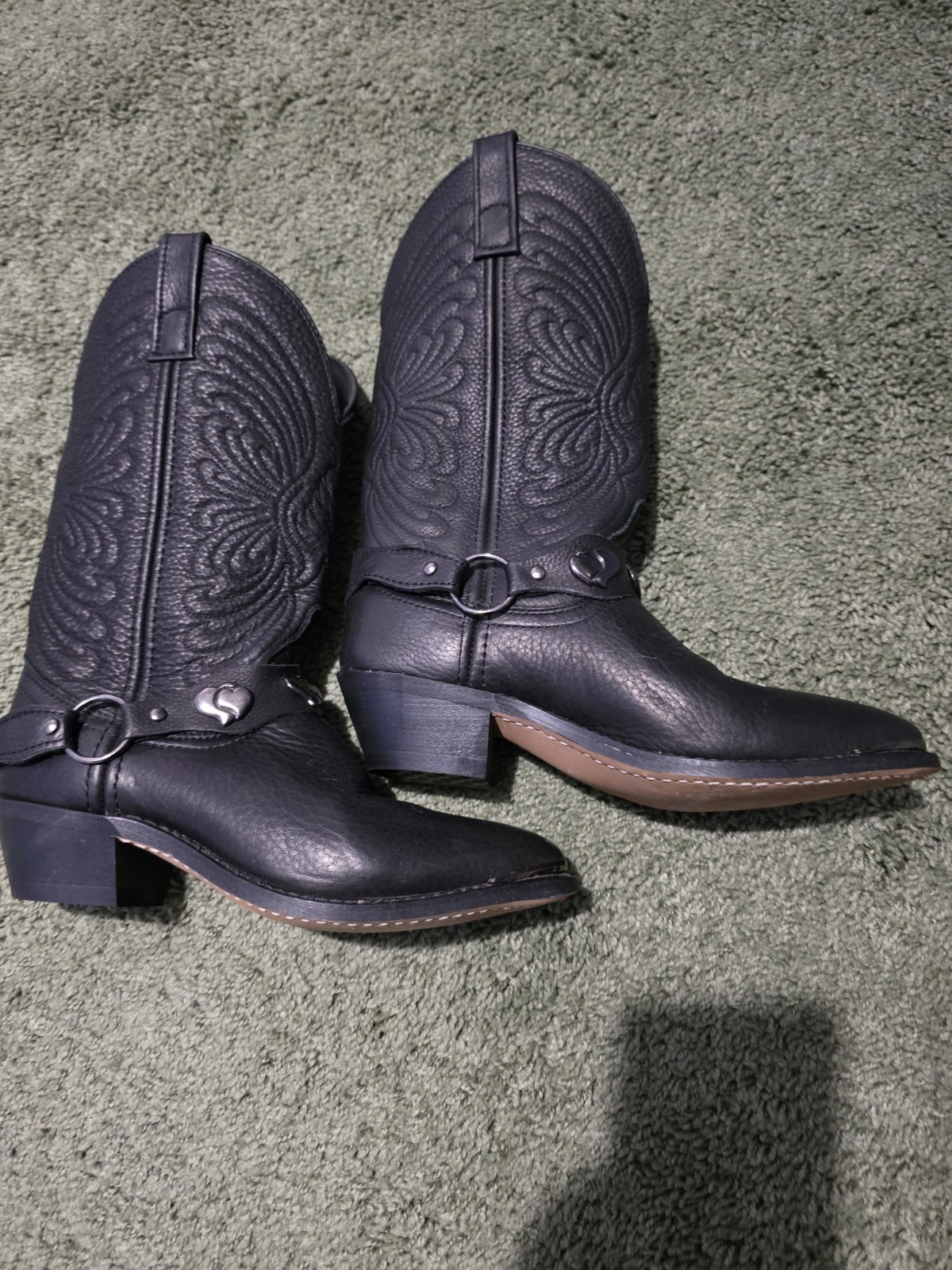 Women’s Black Leather Western Mid-Calf Pull-On Boots Pointed Toe Heart 6M