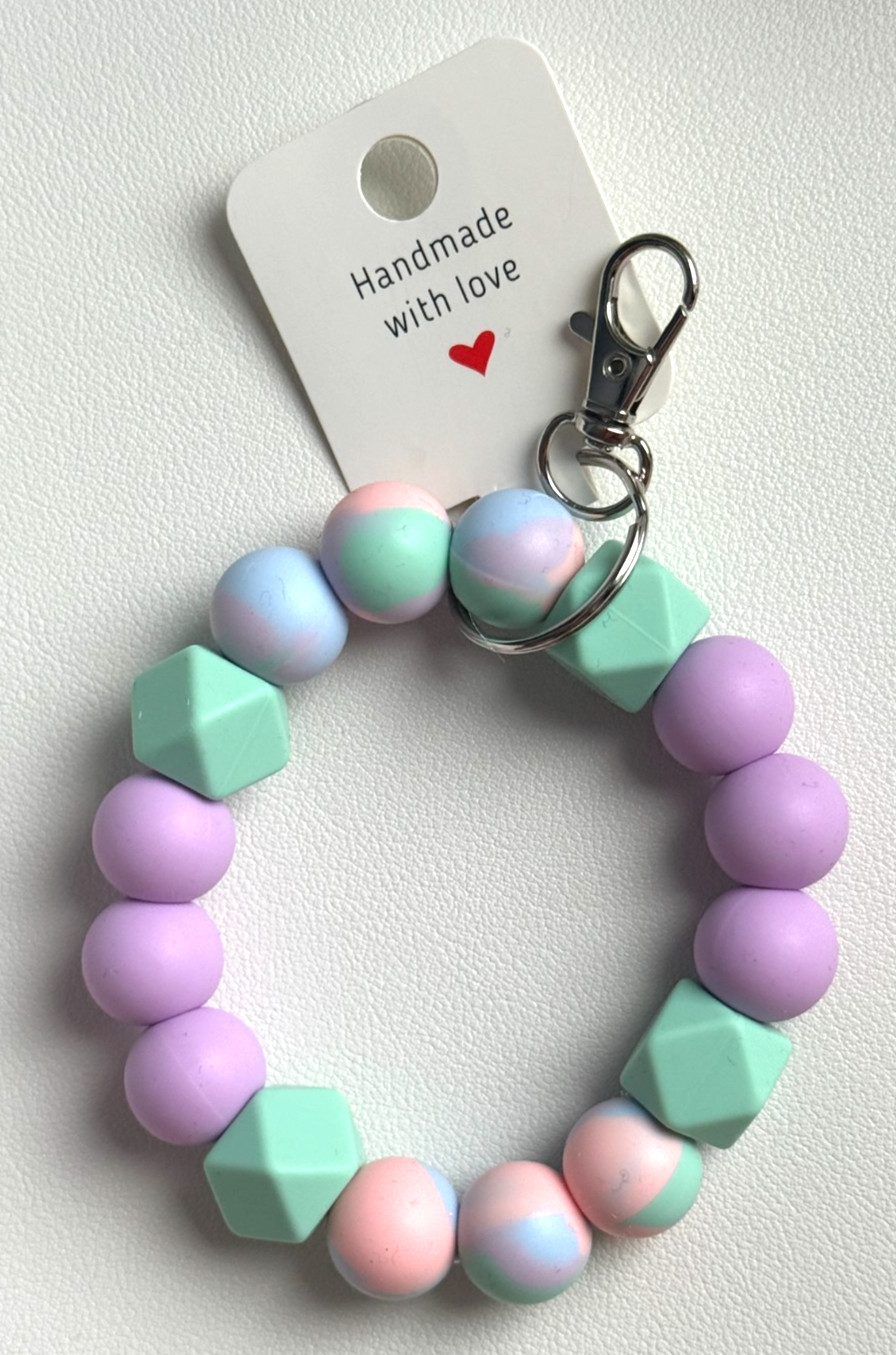 Silicone Beaded Keychain Wristlet Bracelet Green Swirl