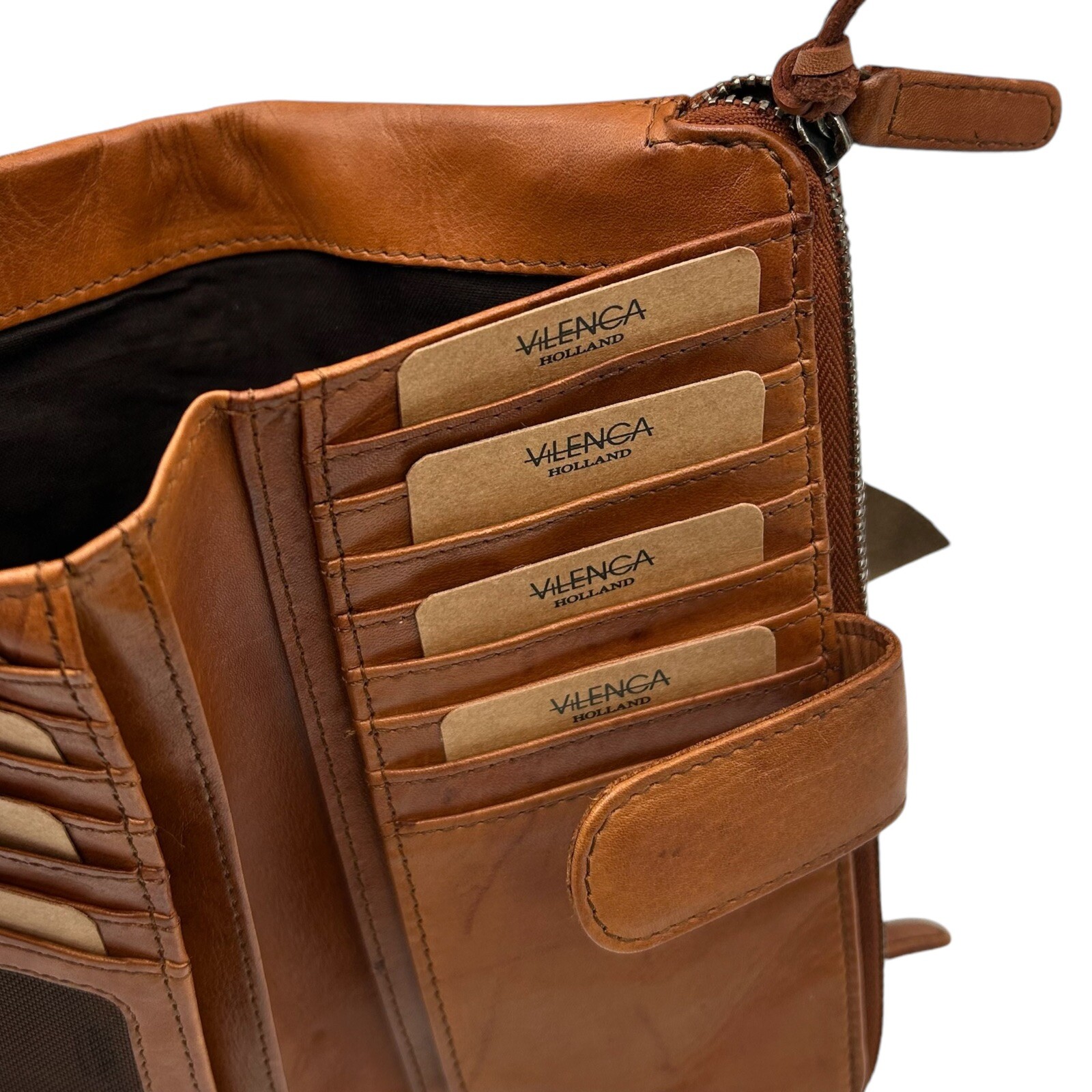 VILENCA Women’s Leather Flap Wallet With Circular Details Brown Metal Accents