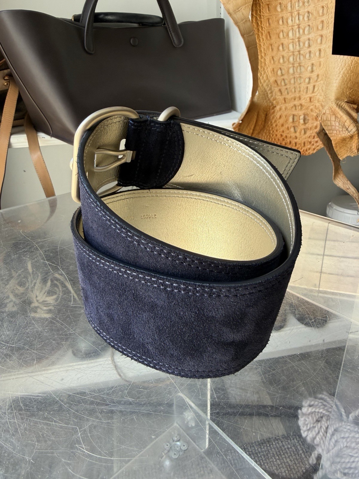 Etcetera Womens Small Navy Blue Suede Metallic Gold Italian Leather 2.25in Belt