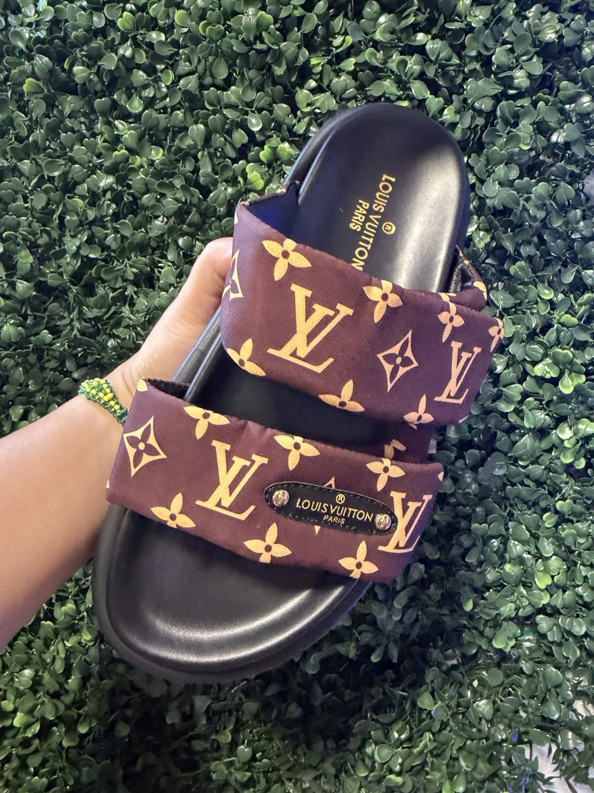 Louis Vuitton Men’s Monogram Logo Leather Slip-On Slide Sandals Brown 7