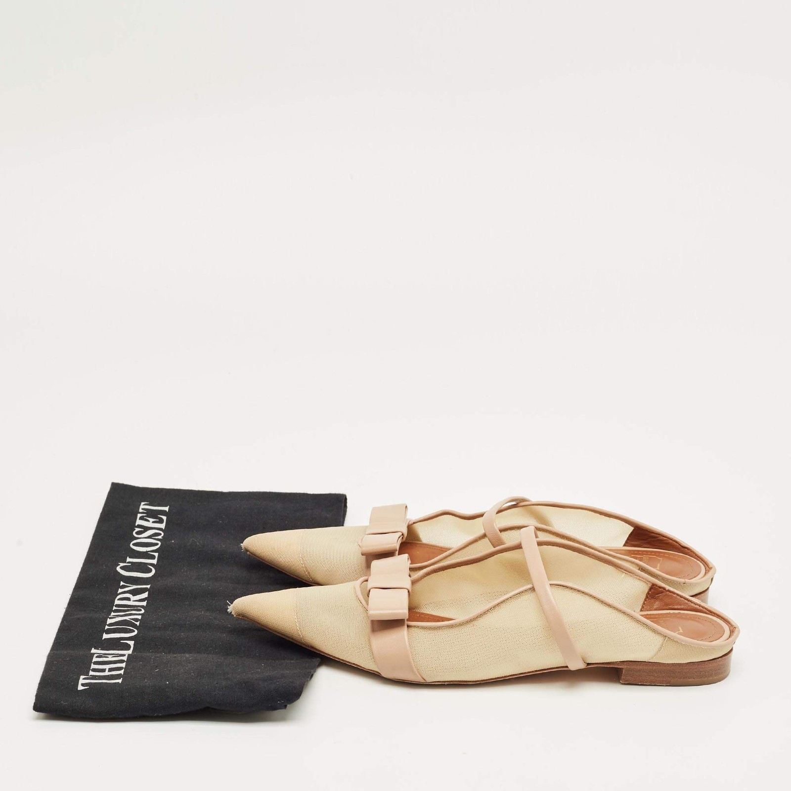 Malone Souliers BeigeCream Mesh and Leather Maureen Pointed Toe Flat Mules Size