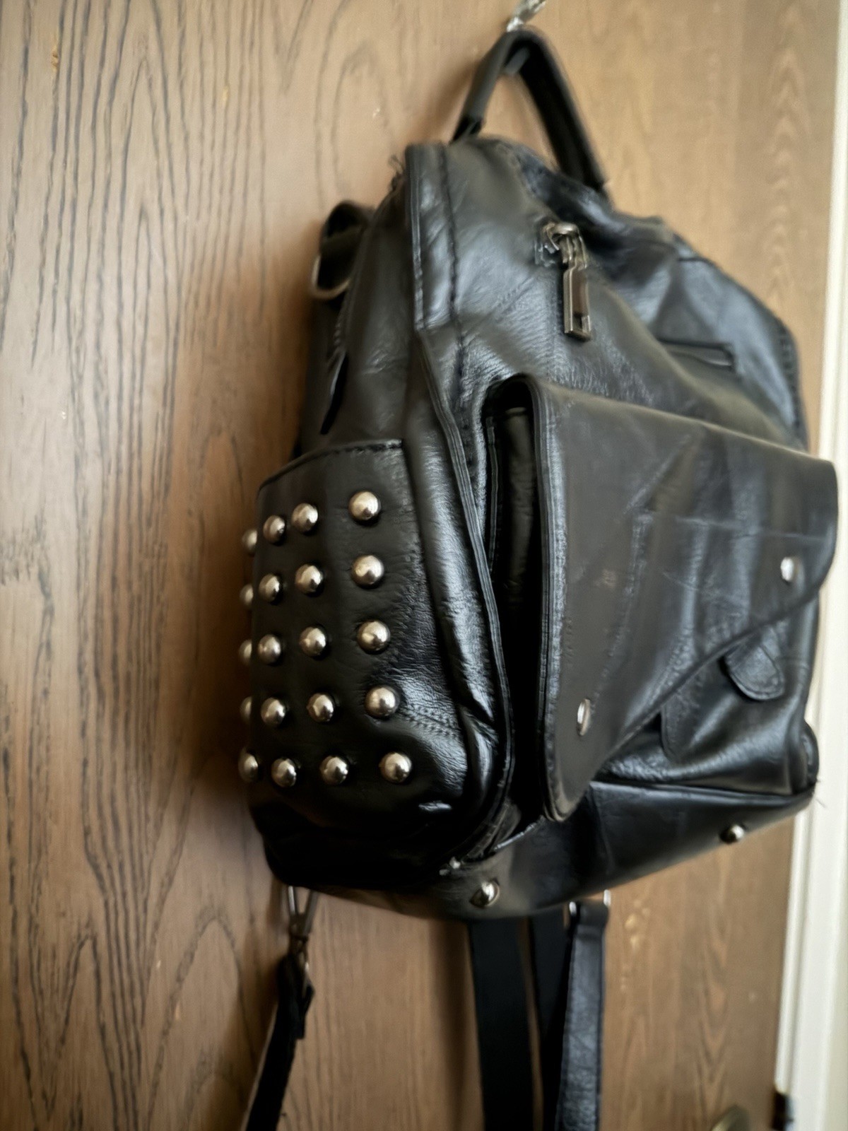 UTO Women’s Black Studded Backpack Silver Hardware Zip/Magnetic, Outer Pockets