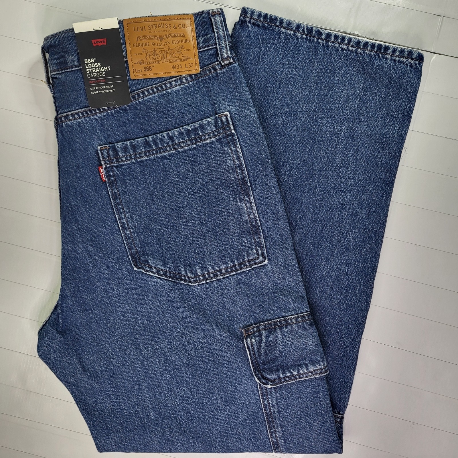 Levis Premium 568 Cargo Jeans 34×32 Men’s Loose Straight Blue New With Tags