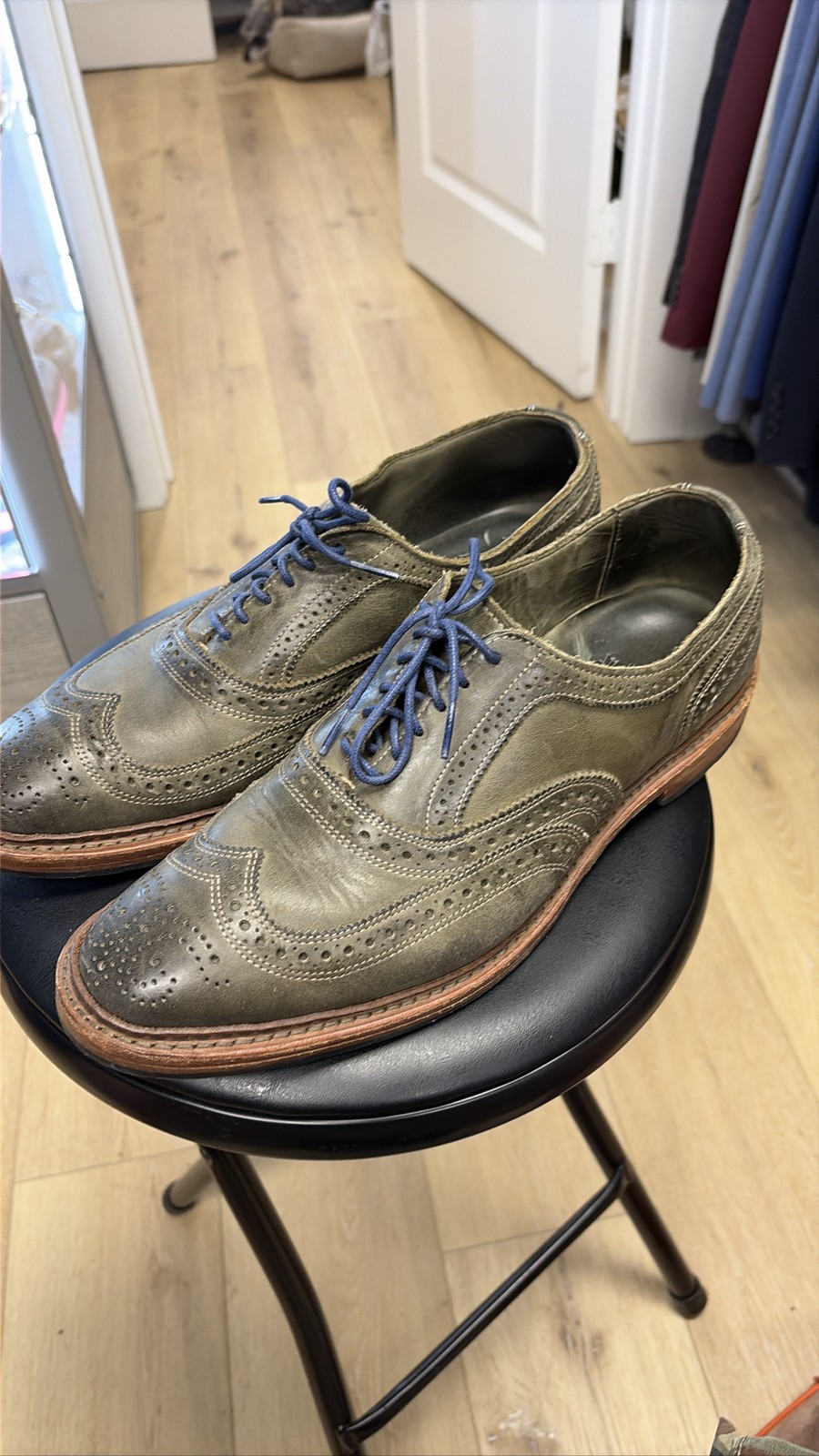 Allen Edmonds Neumok Wingtips Green Leather Dress Shoes Blue Laces Mens 10.5D