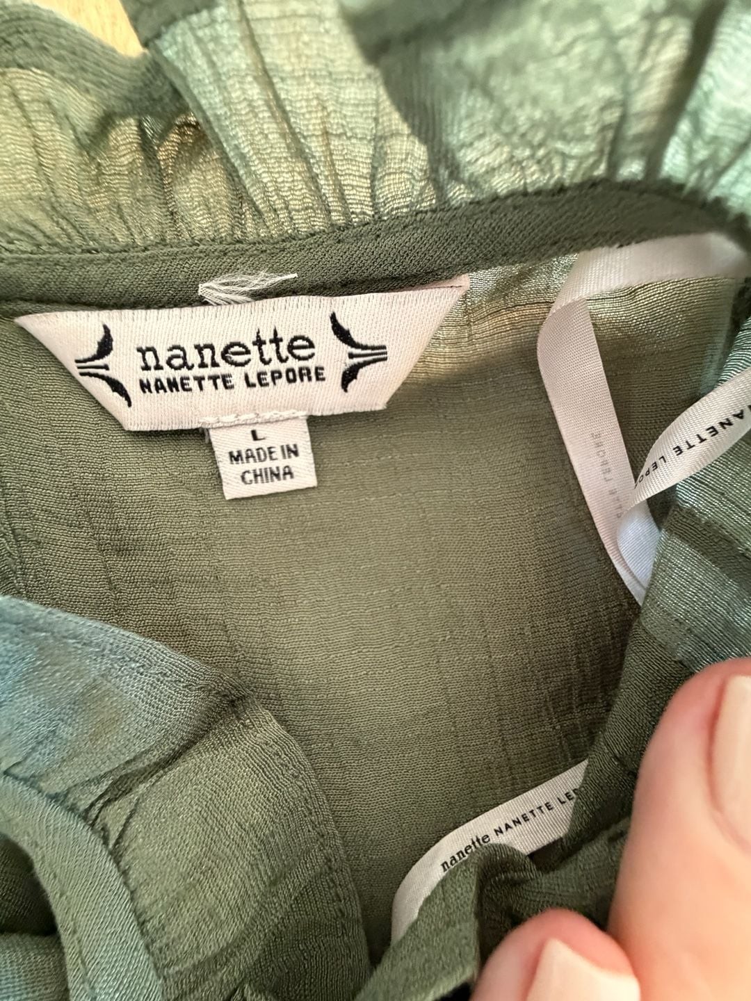 Nanette Lepore Olive Green Pleated Lace Trim Babydoll Blouse Large