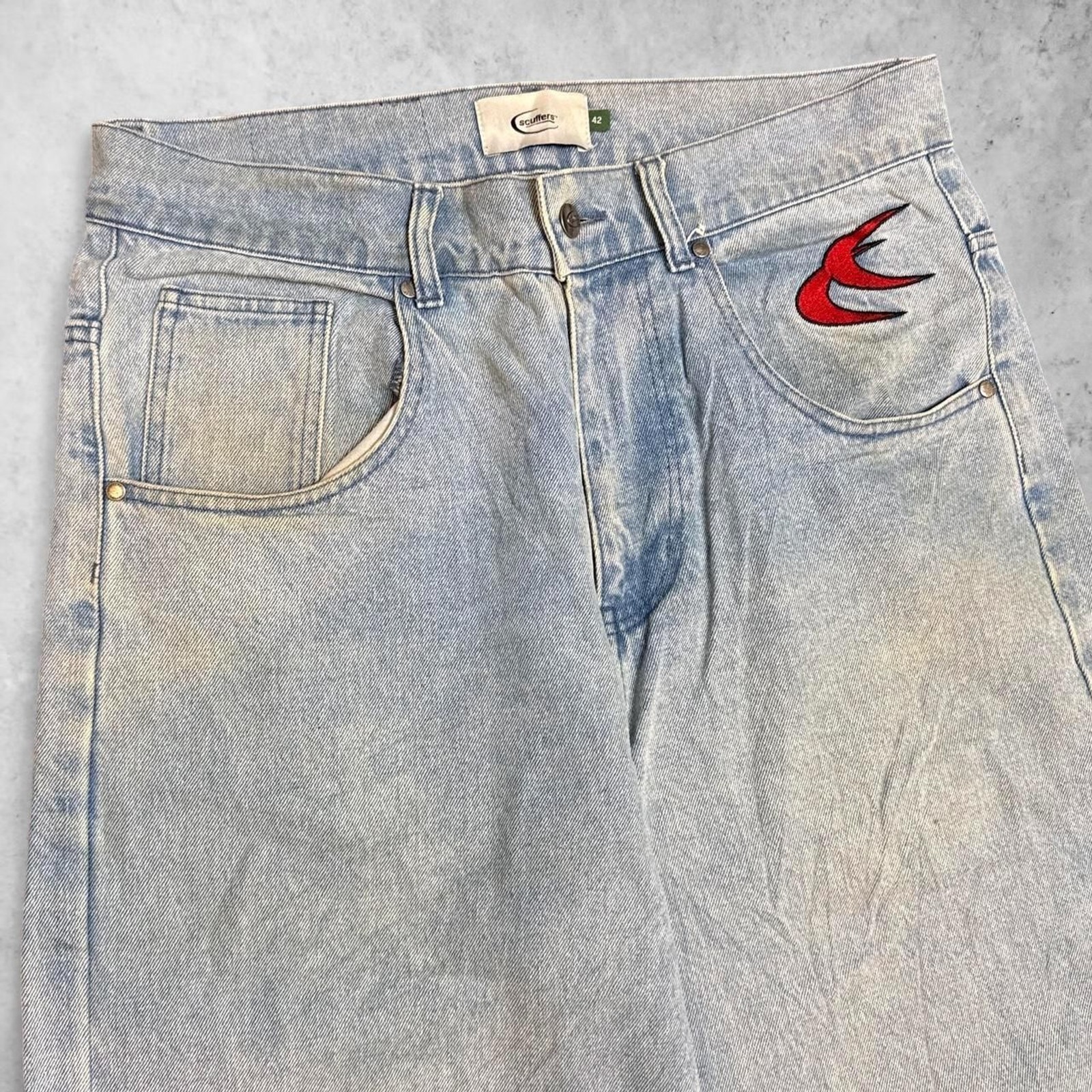 Y2K Scuffers Co Baggy Jeans Light Wash Red Swallow Embroidery 33×33
