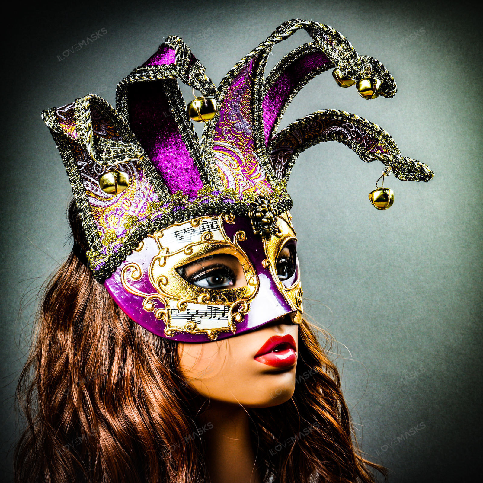 Jester Joker Venetian Musical Eye Mask with Bells Gold Purple Halloween Eye Mask