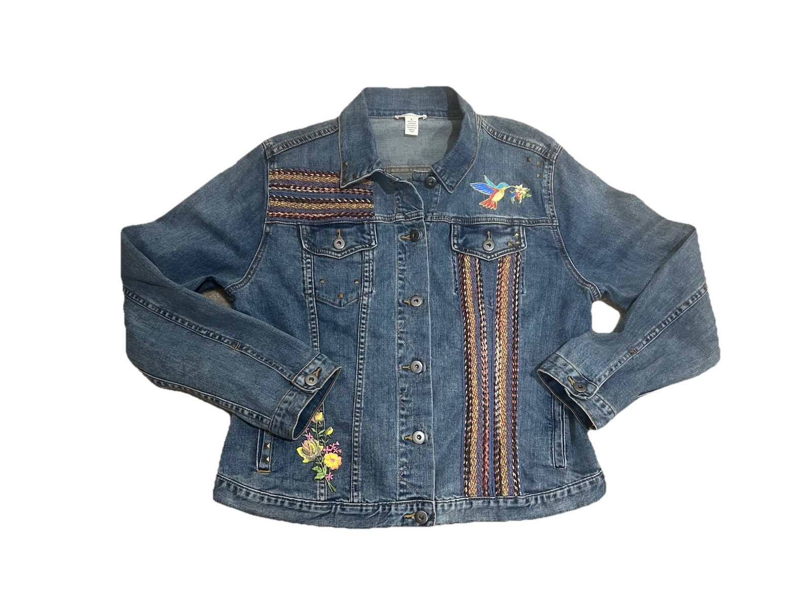 Denim Jacket L Embroidered Flowers Bird Boho Hippie Travel Fall Western Studs