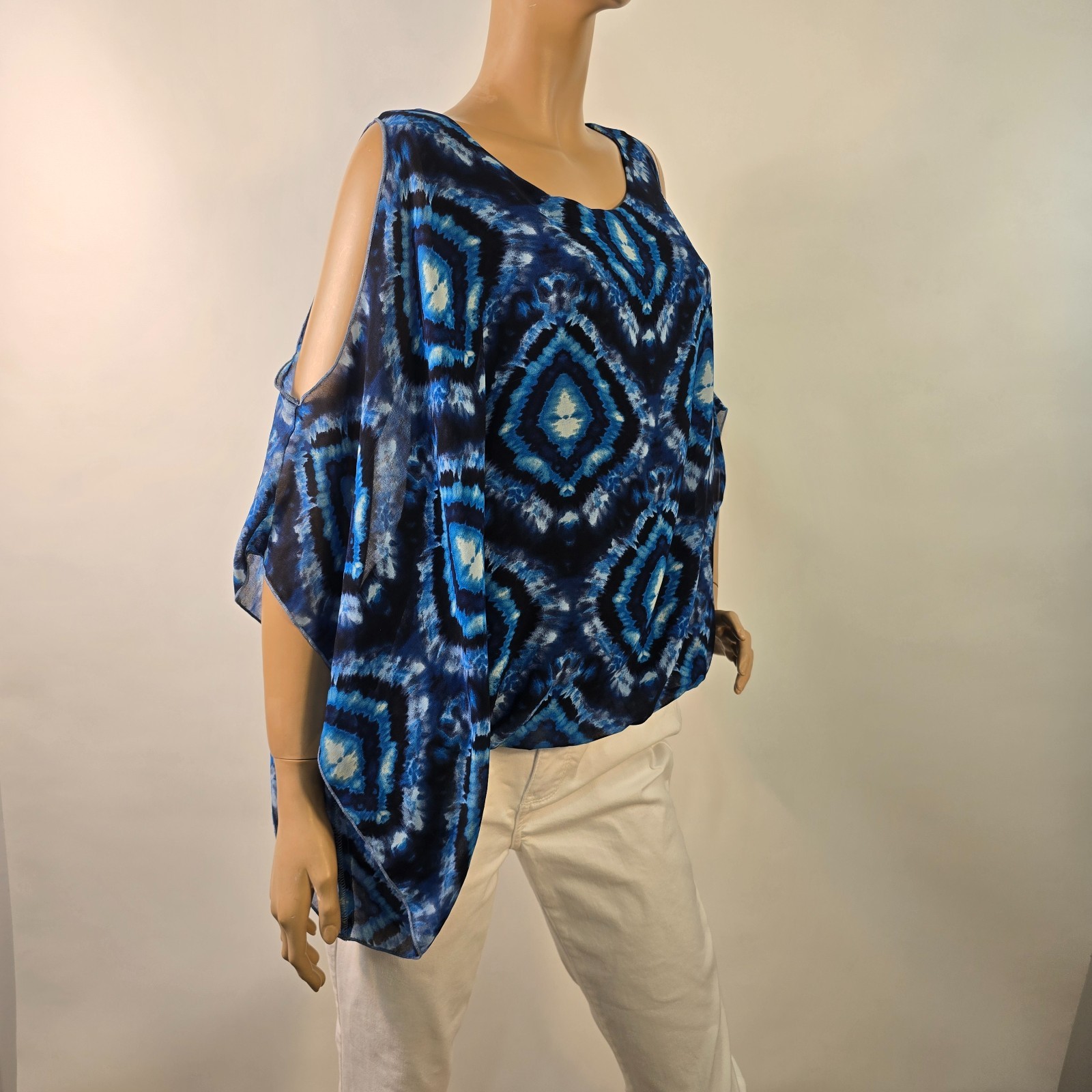Karen Kane Cold Shoulder Scarf Blouson Top Ikat Style Tie-Dye Size L Made In USA