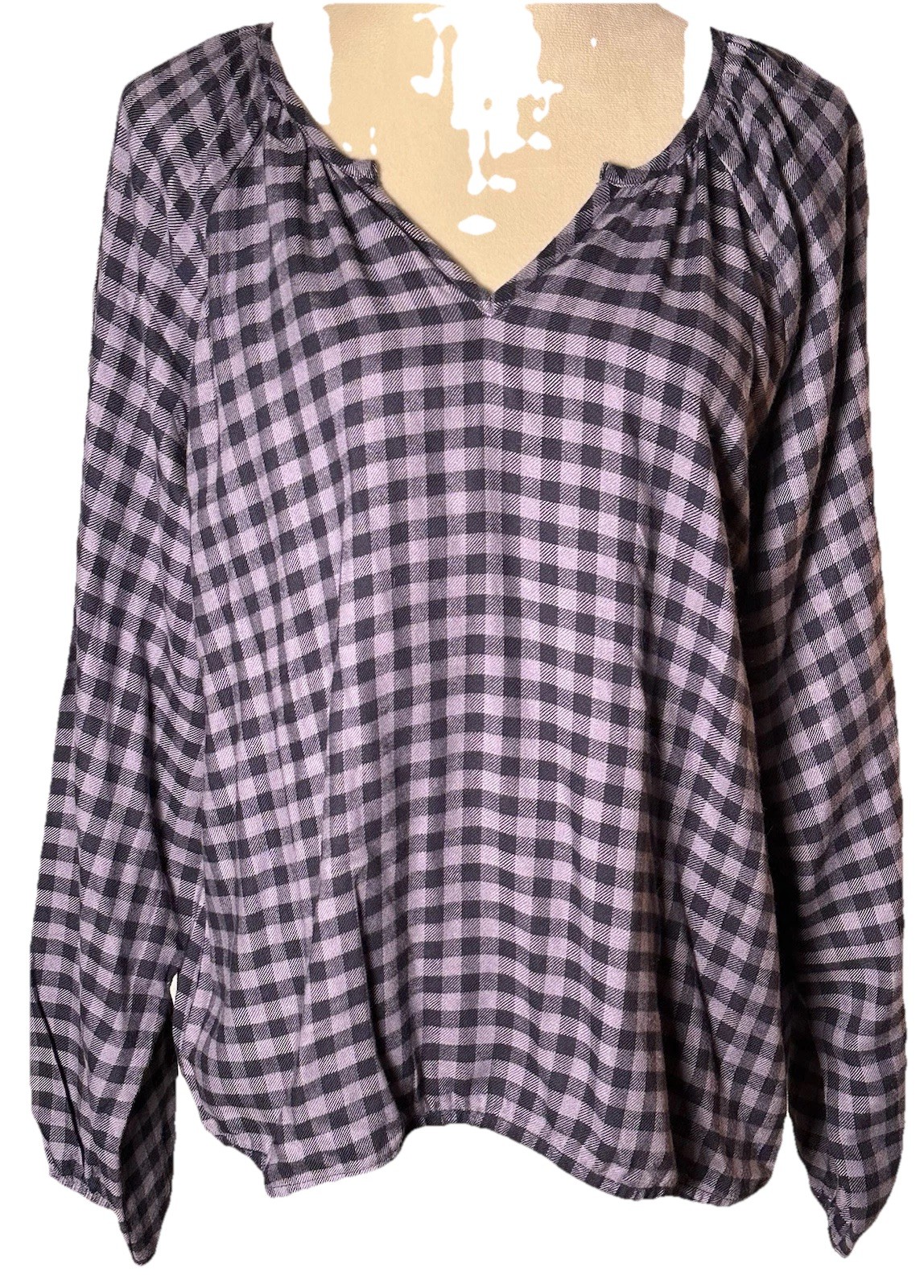 NWT Women’s Gingham Check Purple Relaxed V Neck Blouse Sz XL Boho Grunge Punk