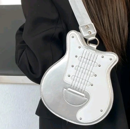 Music Lovers Trendy Guitar C/ B Bag, Fun For All Ages Silver & White Faux Leathe