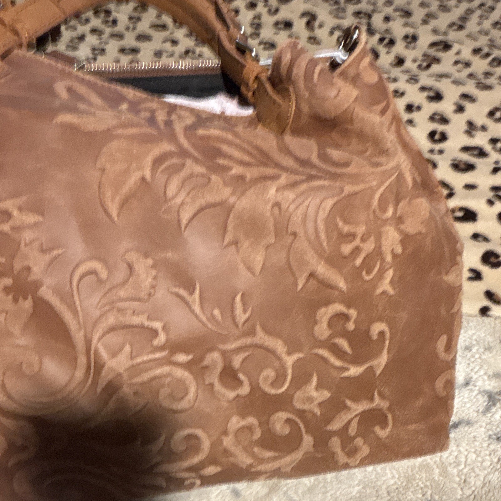 Lilium Firenze Brown Floral Embossed Satchel Top Handle Zip Detachable Strap