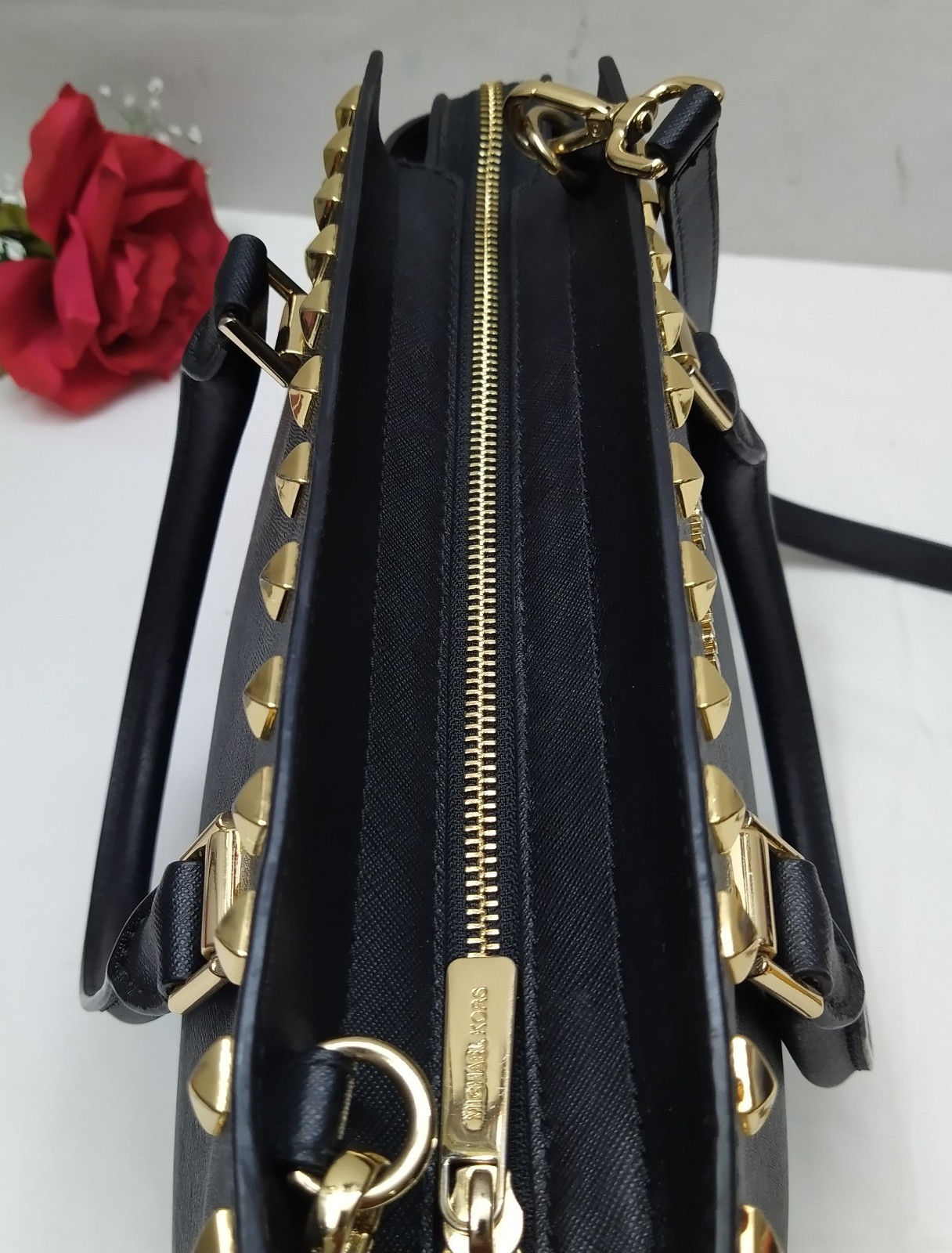 Michael Kors Black Leather Studded Double Handles Satchel Bag