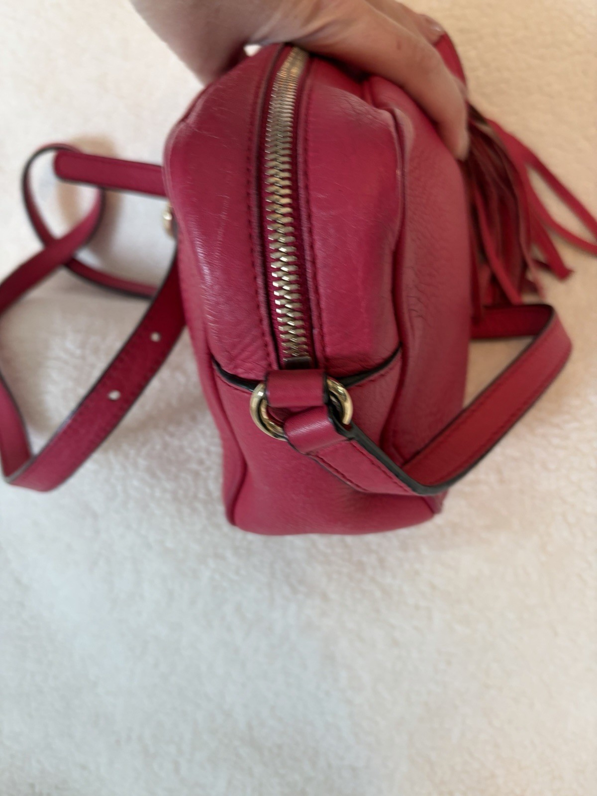 Gucci Soho Disco Pink Pebbled Crossbody Camera Bag Logo Tassel Zip Dust Bag COA