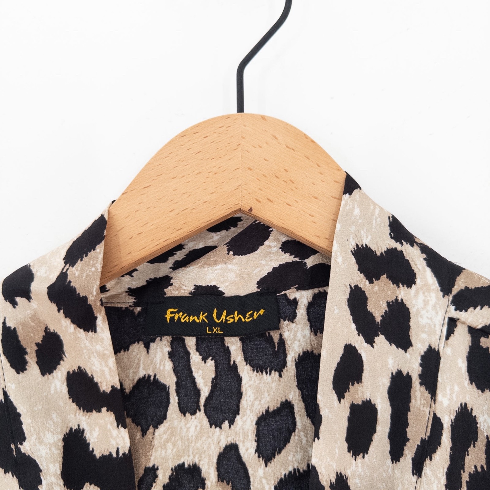 Frank Usher Leopard Print Blouse Size L/XL Beige Tie Neck Long Sleeve