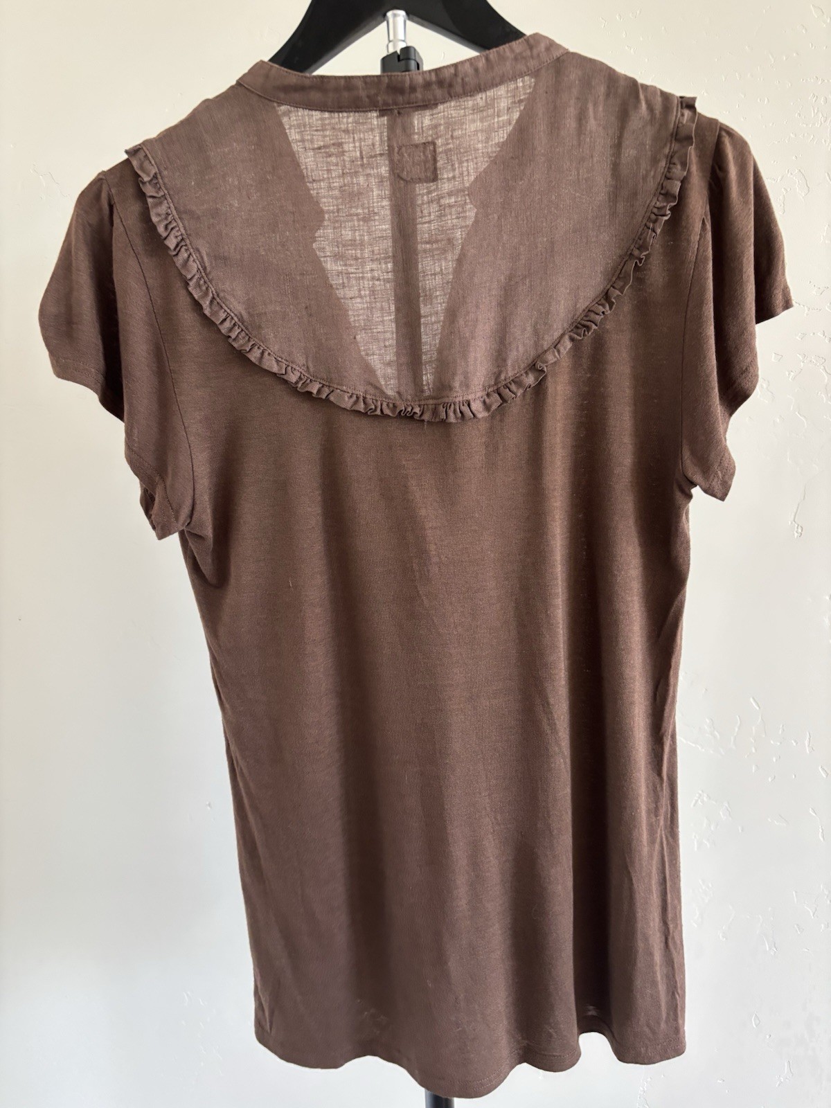 120% Lino Women’s M Brown Solid Linen V-Neck Short Sleeve Ruffle Top Italy