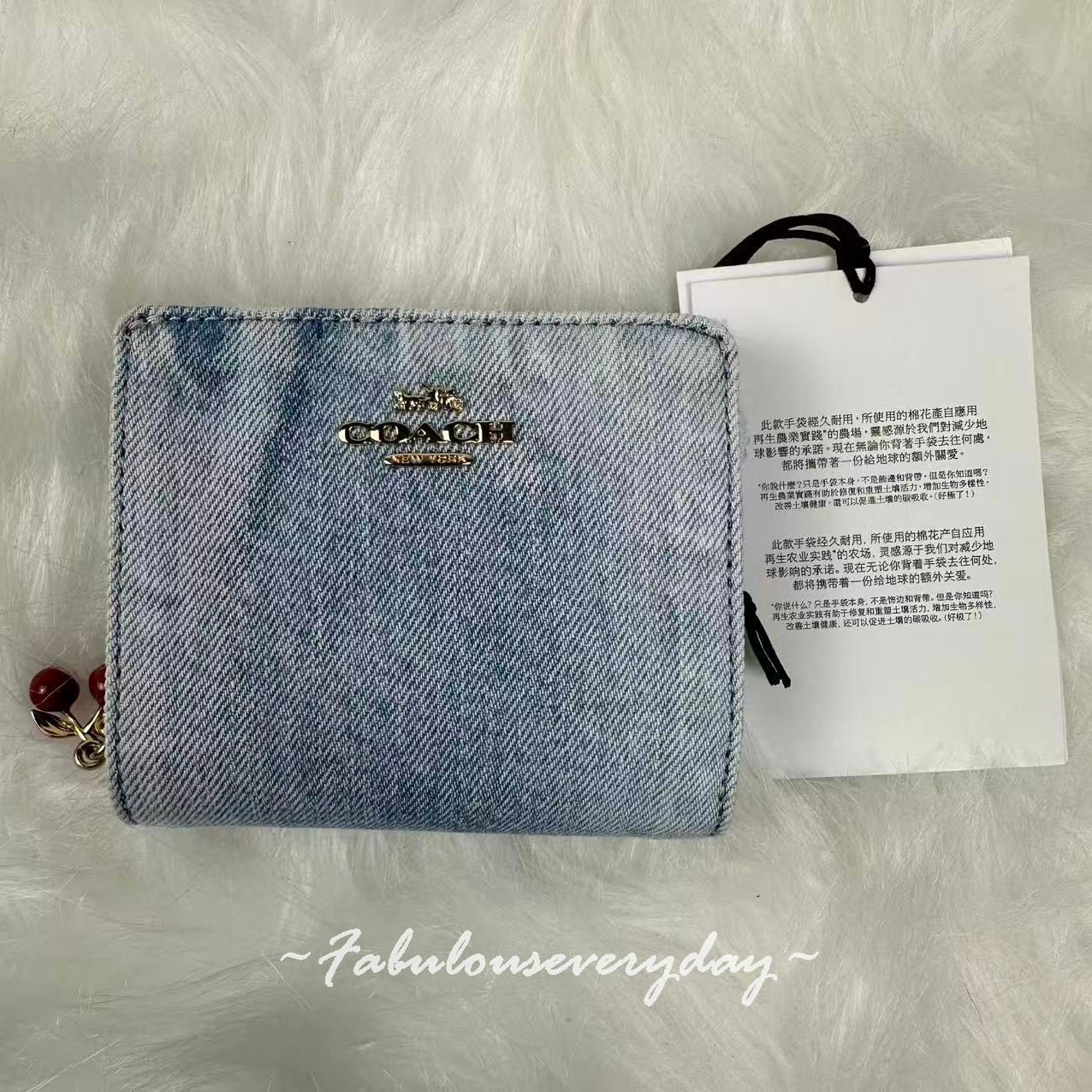 Coach Snap Wallet in Loved Denim with Cherry Charm Gold/Light Indigo CEC35 NWT