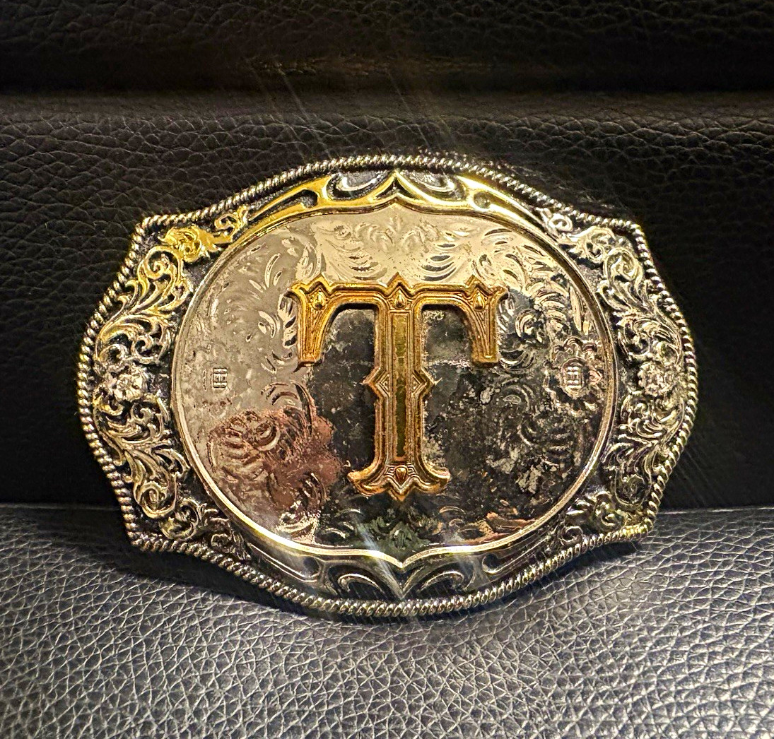 Men’s Western Oval Belt Buckle Engraved Floral Silver/Gold Tone Letter T