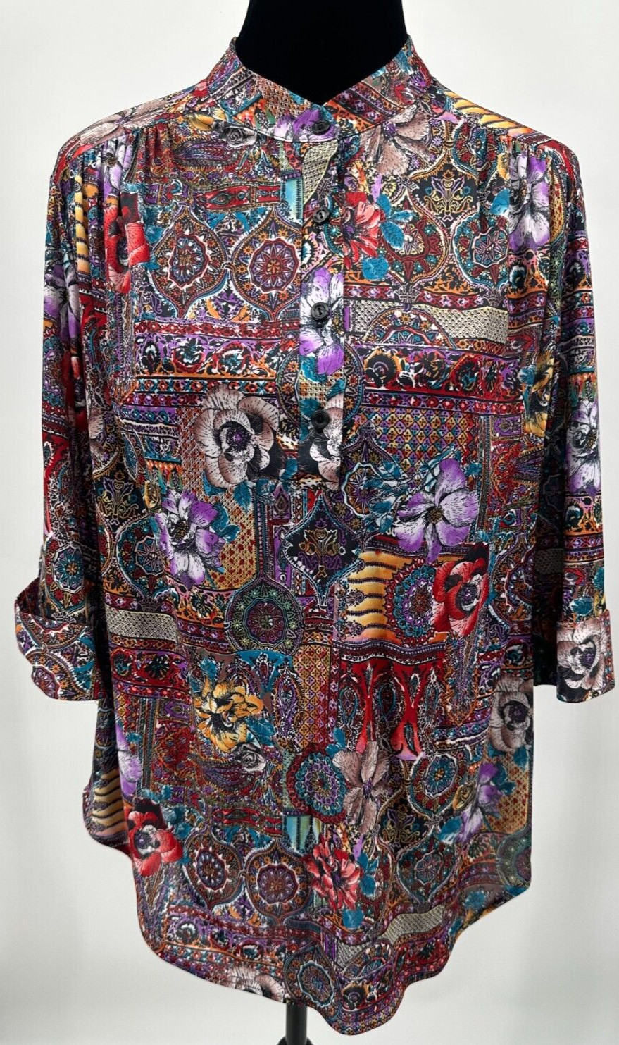 Top Notch Womens 3/4 Sleeve Blouse Size 38/18W Multicolor Gypsy Floral Print